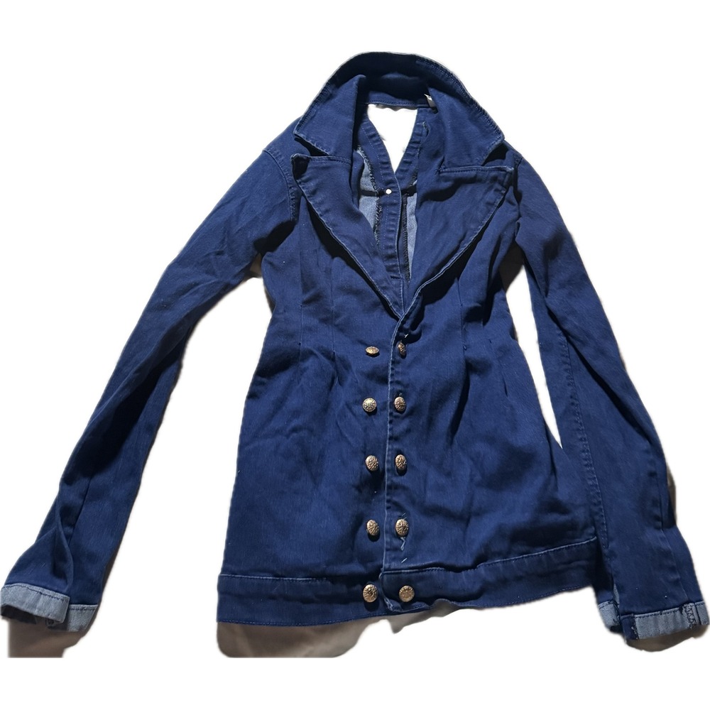 Dark Wash Denim Blazer‎ Jacket Open Back Gold Button Military Indigo Blue M